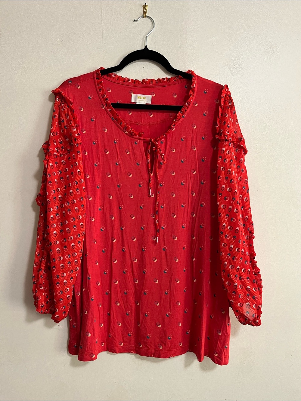 NWT Anthropologie Maeve Red Ruffle Sheer Sleeve Blouse XL $78